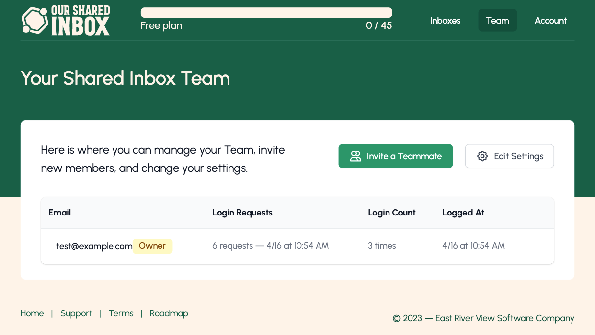 Screenshot of the Team management page
